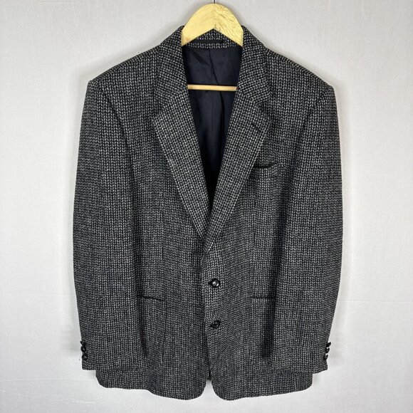 Vintage Harris Tweed Sport Coat Blazer Men 42 Handwoven Scotland Gray Black Wool